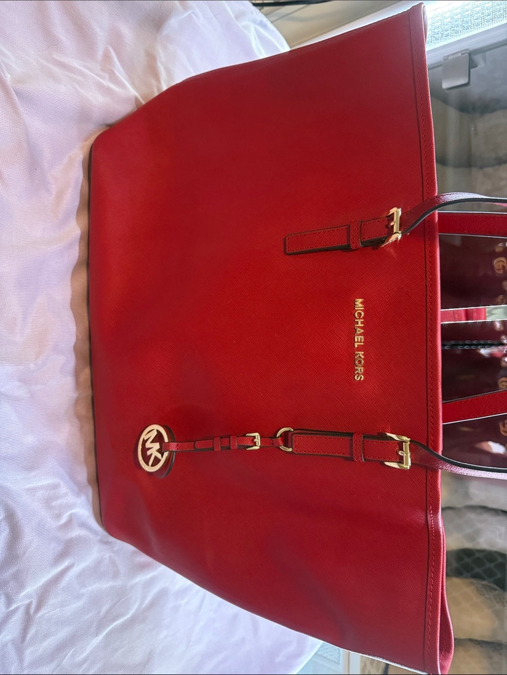Michael Kors Bright Red Leather Tote with Gold MK Charm - Picture 14 of 16